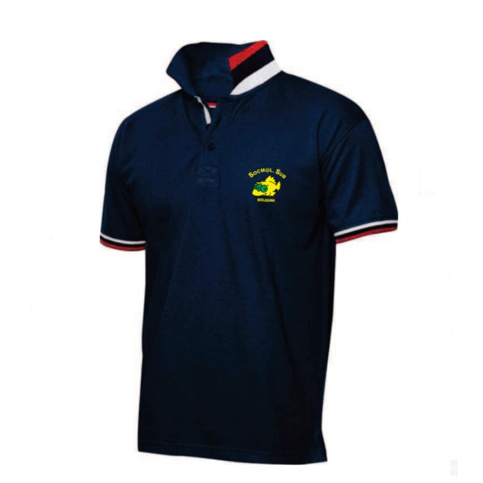 Polo Blu Manica Corta con collo reversibile finiture Rosso-Blu-Bianco, ricamo Socm@l